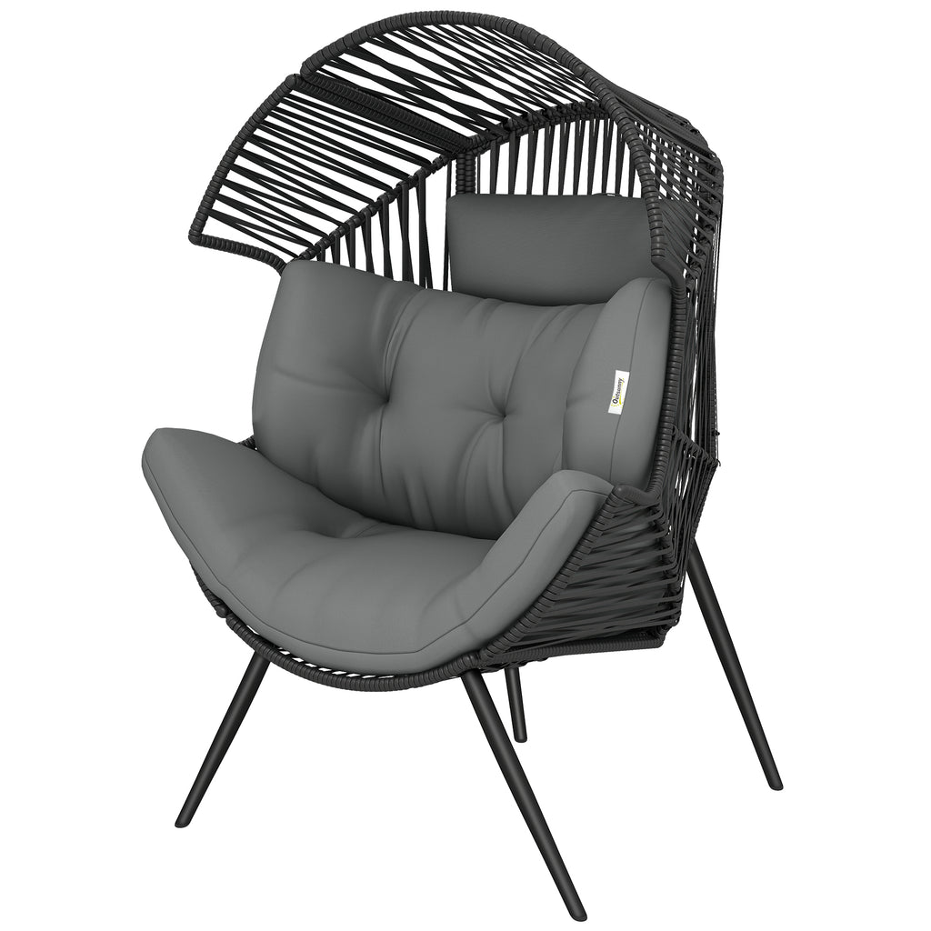 Wicker Egg Chair, Indoor Outdoor Rattan Lounge Chair with Thick Cushion and Headrest, Steel Frame, Adjustable Pads, Grey