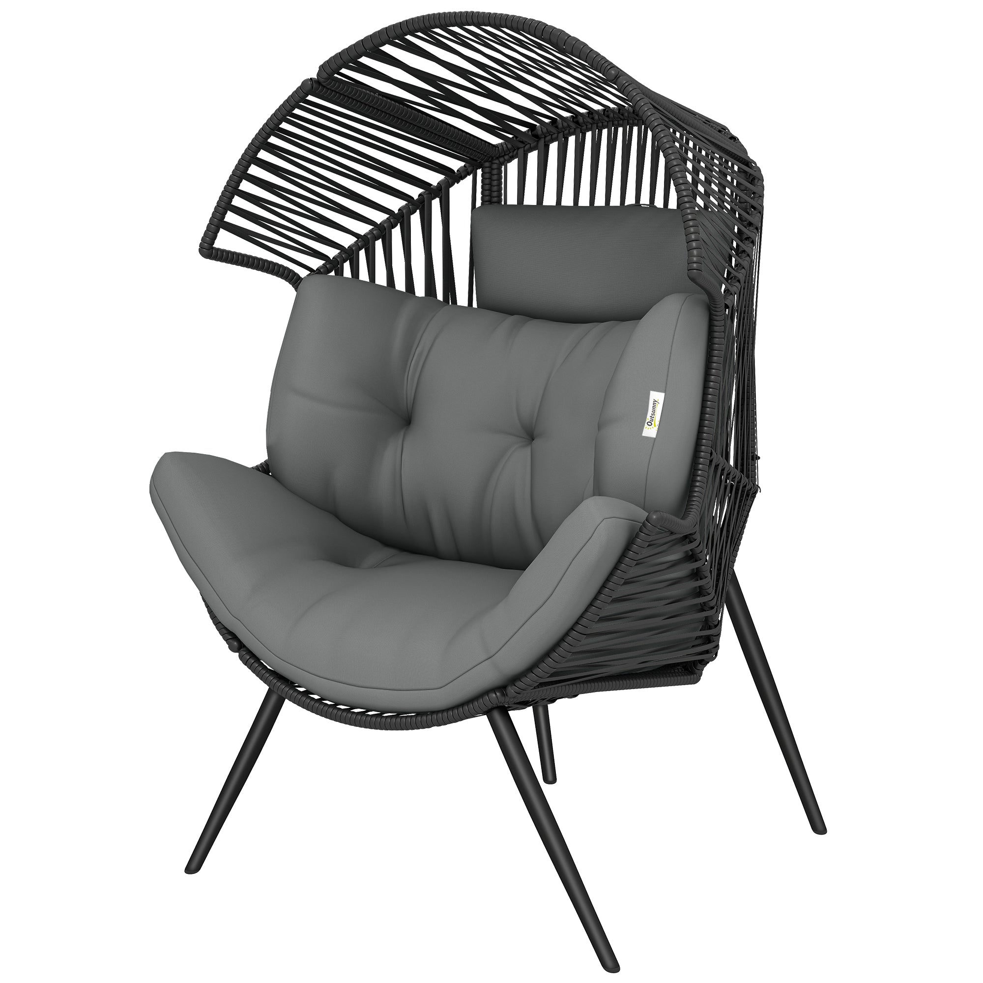 Wicker Egg Chair, Indoor Outdoor Rattan Lounge Chair with Thick Cushion and Headrest, Steel Frame, Adjustable Pads, Grey