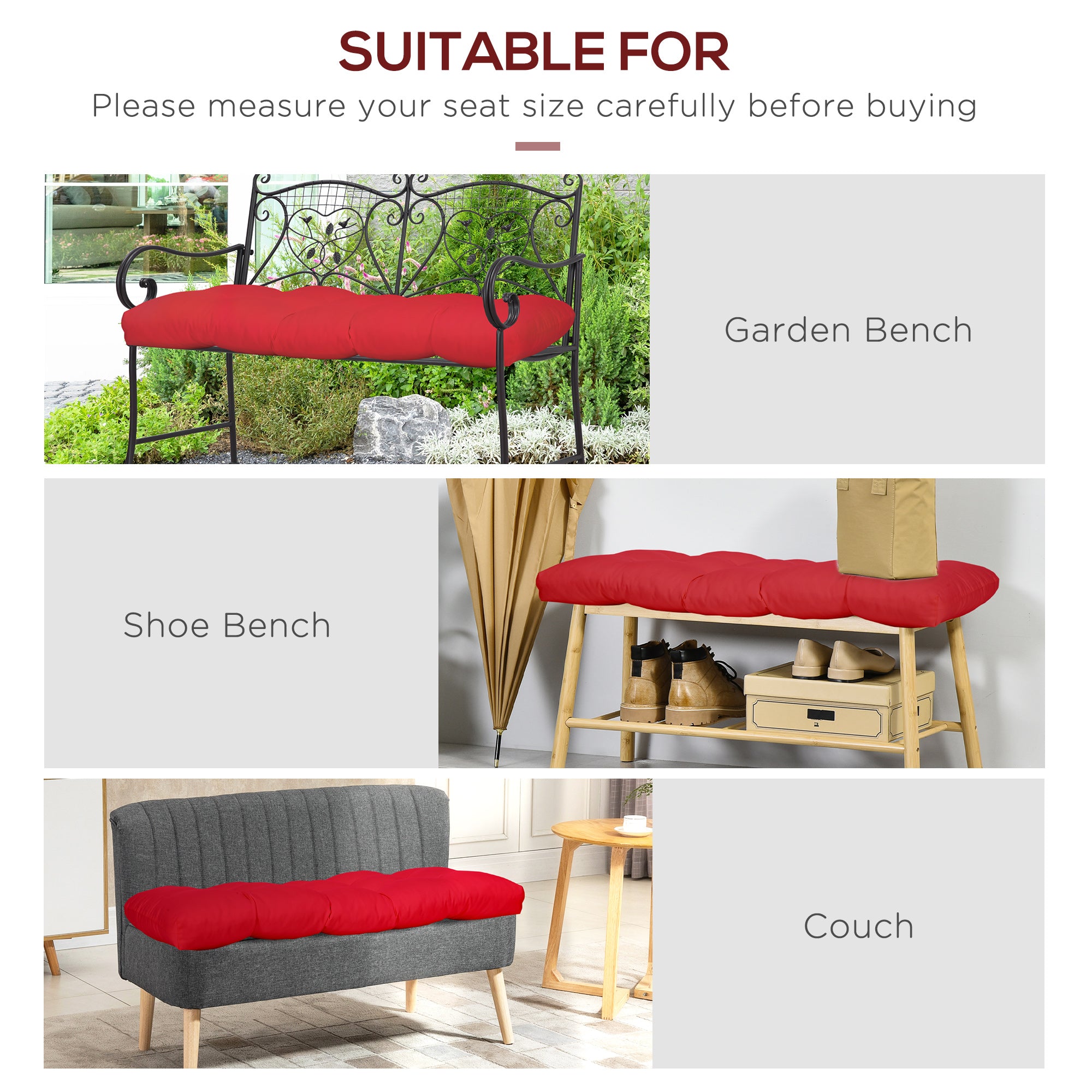 Set of 2 Patio Bench Replacement Cushions, 2 Seater Outdoor Loveseat Cushion Seat Pad, 43" x 19" x 3", Wine Red