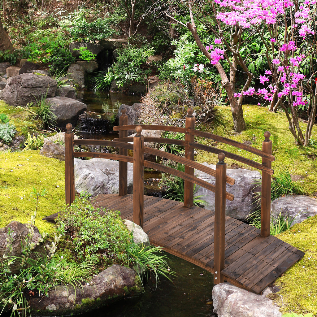 7.5' Fir Wood Garden Bridge Arc Walkway with Side Railings, for Backyards, Gardens, & Streams, Tan