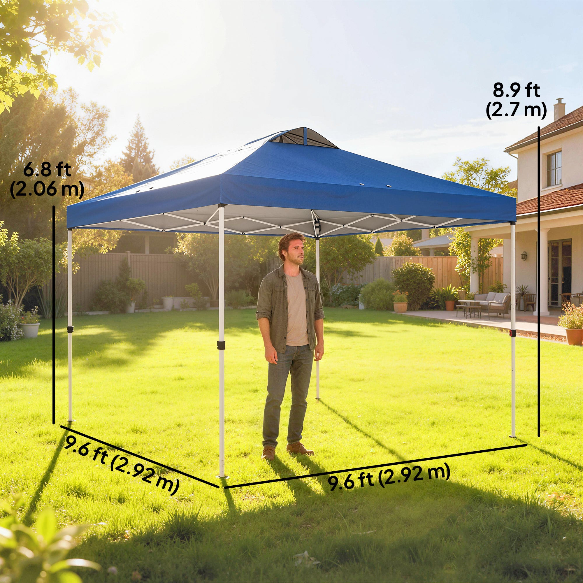 Pop Up Canopy Waterproof Canopy Tent with Carrying Bag for Parties Garden BBQs 9.8' x 9.8', Blue