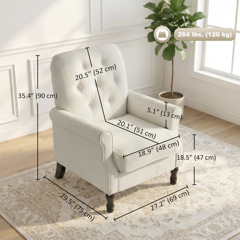 Accent Chair, Mid-Century Modern Armchair with Thick Padded Seat, Spring Cushion, Solid Wood Legs, Cream White