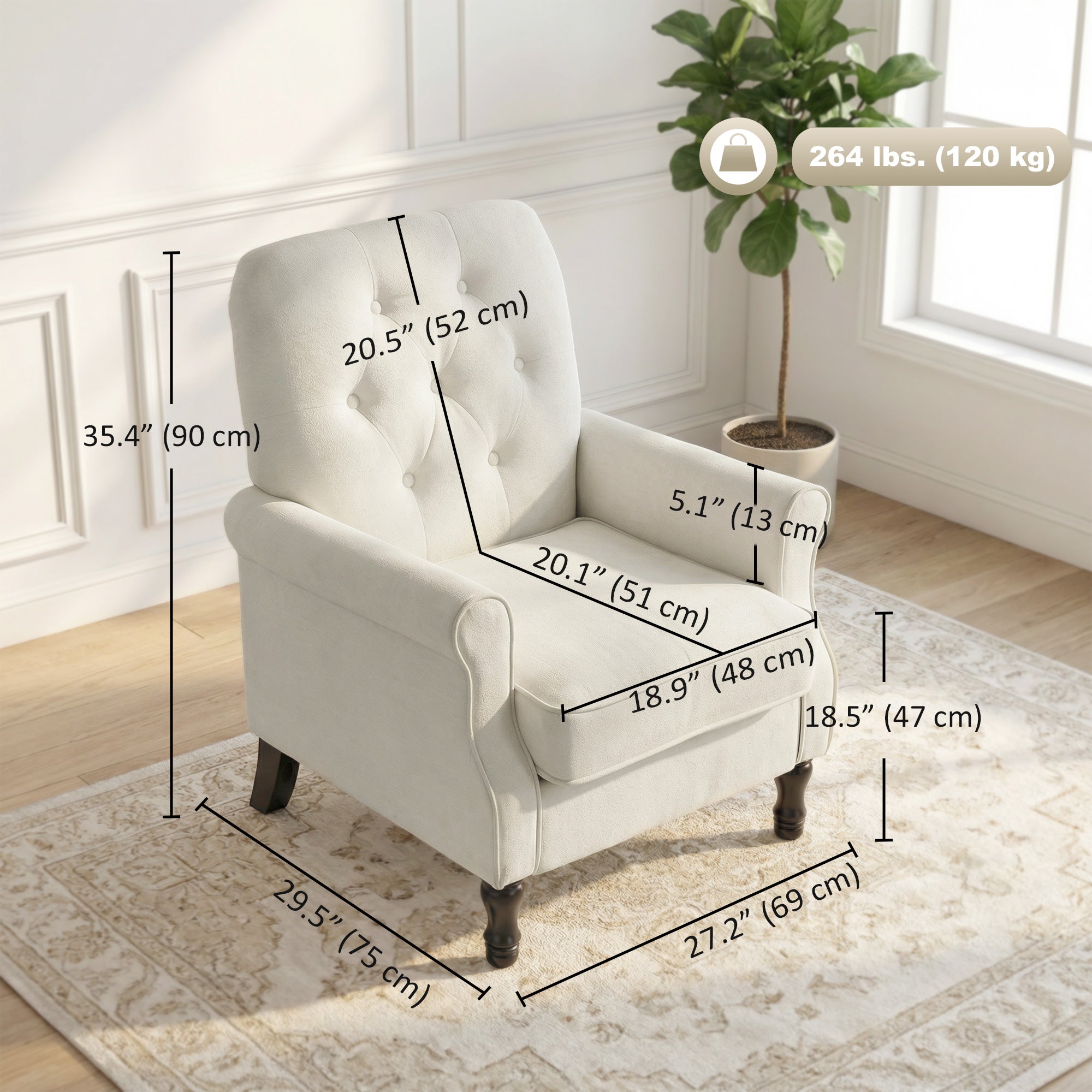 Accent Chair, Mid-Century Modern Armchair with Thick Padded Seat, Spring Cushion, Solid Wood Legs, Cream White