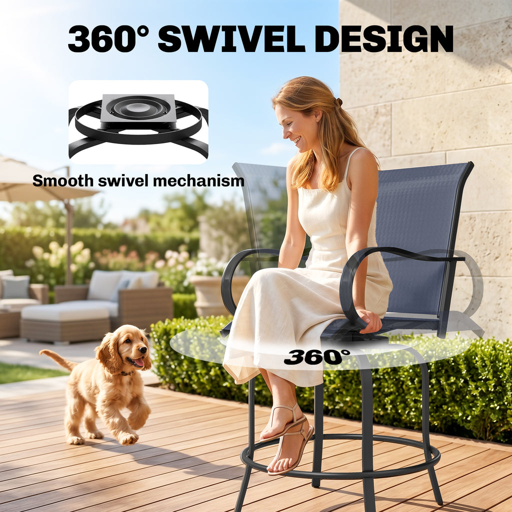Outdoor Bar Stools Set of 2, 360Â° Swivel Bar Height Chairs, 26.8" x 29.5" x 48.4", Navy Blue