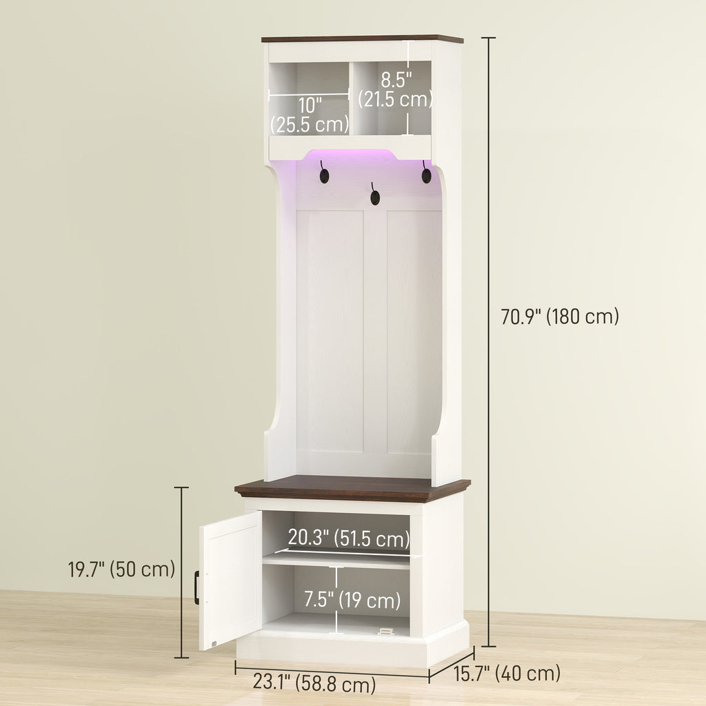 3-in-1 Hall Tree with LED Lights and Bench, Coat Rack with Shoe Storage, White Wood Grain with Light