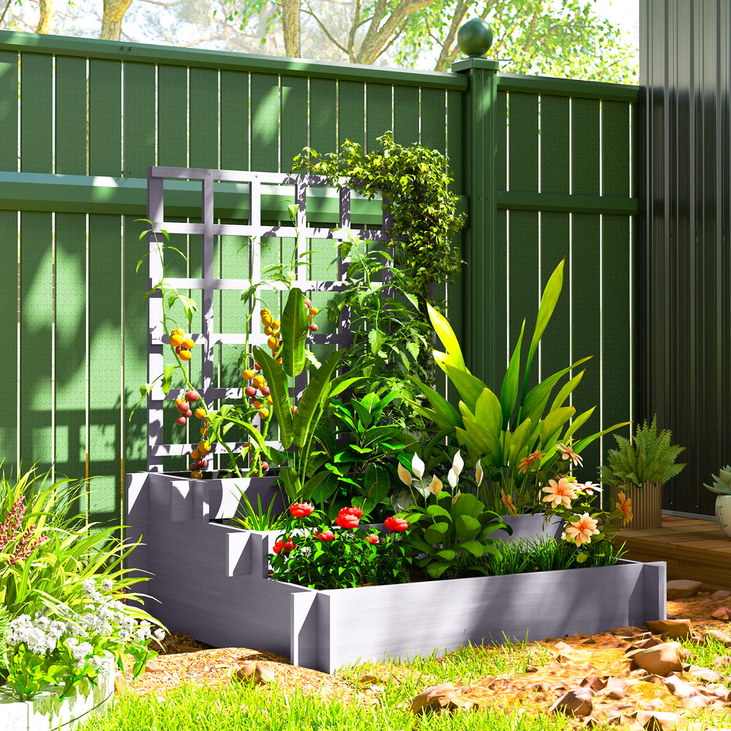 Wooden Elevated Planter Box with Trellis for Climbing Plants, 3 Tier Raised Garden Bed for Garden, Outdoor, Grey