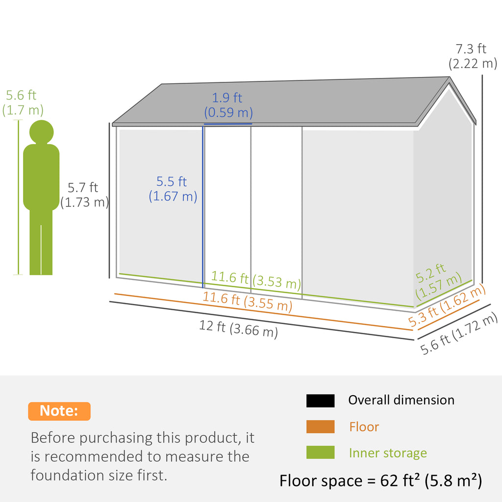12' x 5.5' Metal Garden Storage Shed, Outdoor Tool Storage House with Lockable Door, Vents, Sloped Roof, Dark Grey