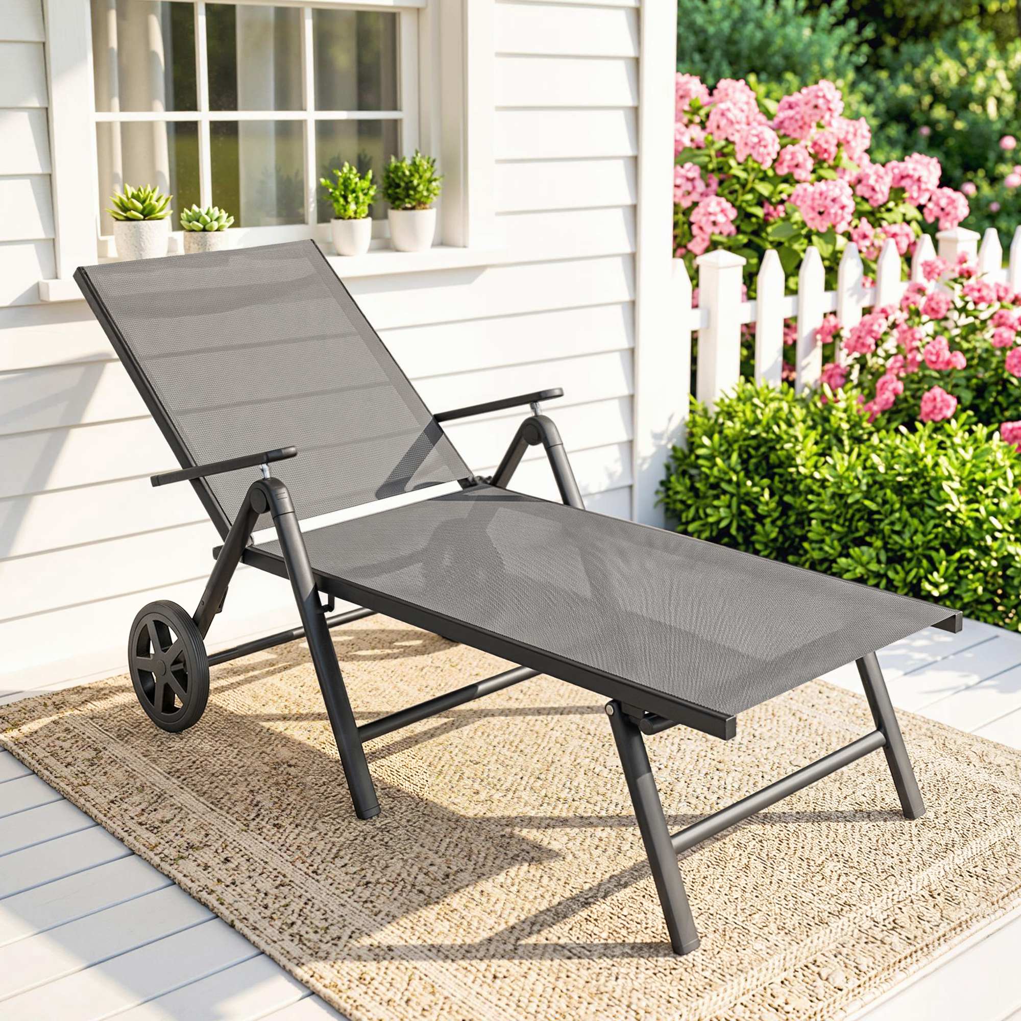 Outdoor Lounge Chair, 5-Level Adjustable Folding Chaise Chair with 2 Wheels for Backyard, Beach, Poolside, Grey