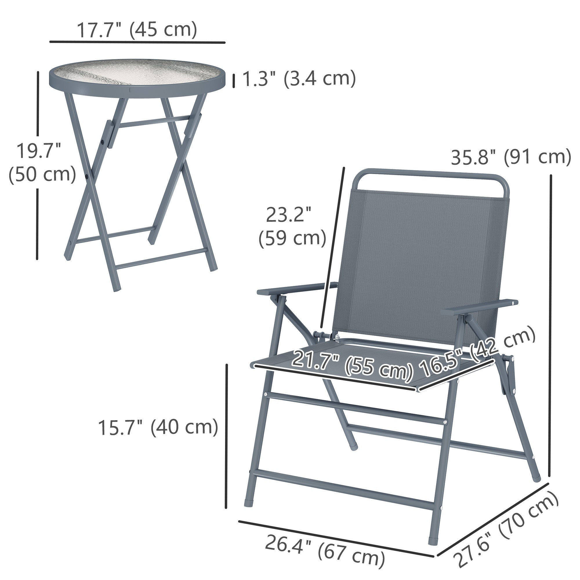 3 Pieces Outdoor Bistro Set, Folding Patio Table and Chairs with Tempered Glass Tabletop for Garden, Deck & Backyard