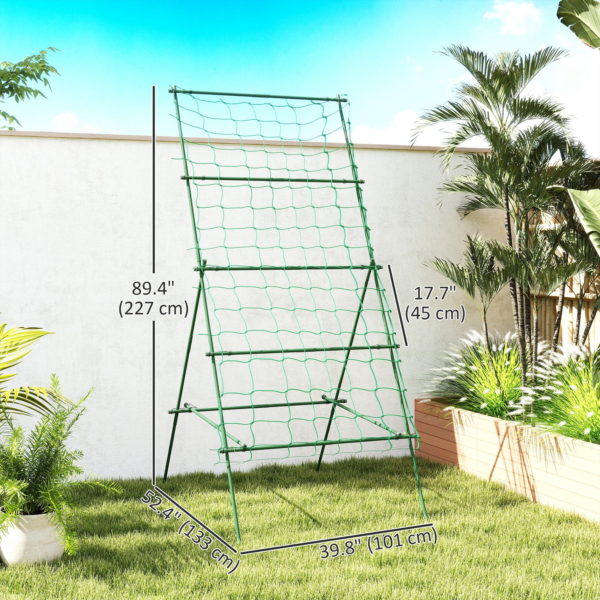 Cucumber Trellis for Climbing Plants, Adjustable A-Frame Garden Trellis with Climbing Net, 20 Metal Clips, 4 Net Straps
