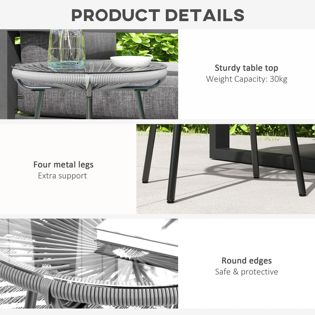 Rattan Side Table, Round Outdoor Table, with Round PE Rattan and Tempered Glass Table Top for Patio, Garden, Grey