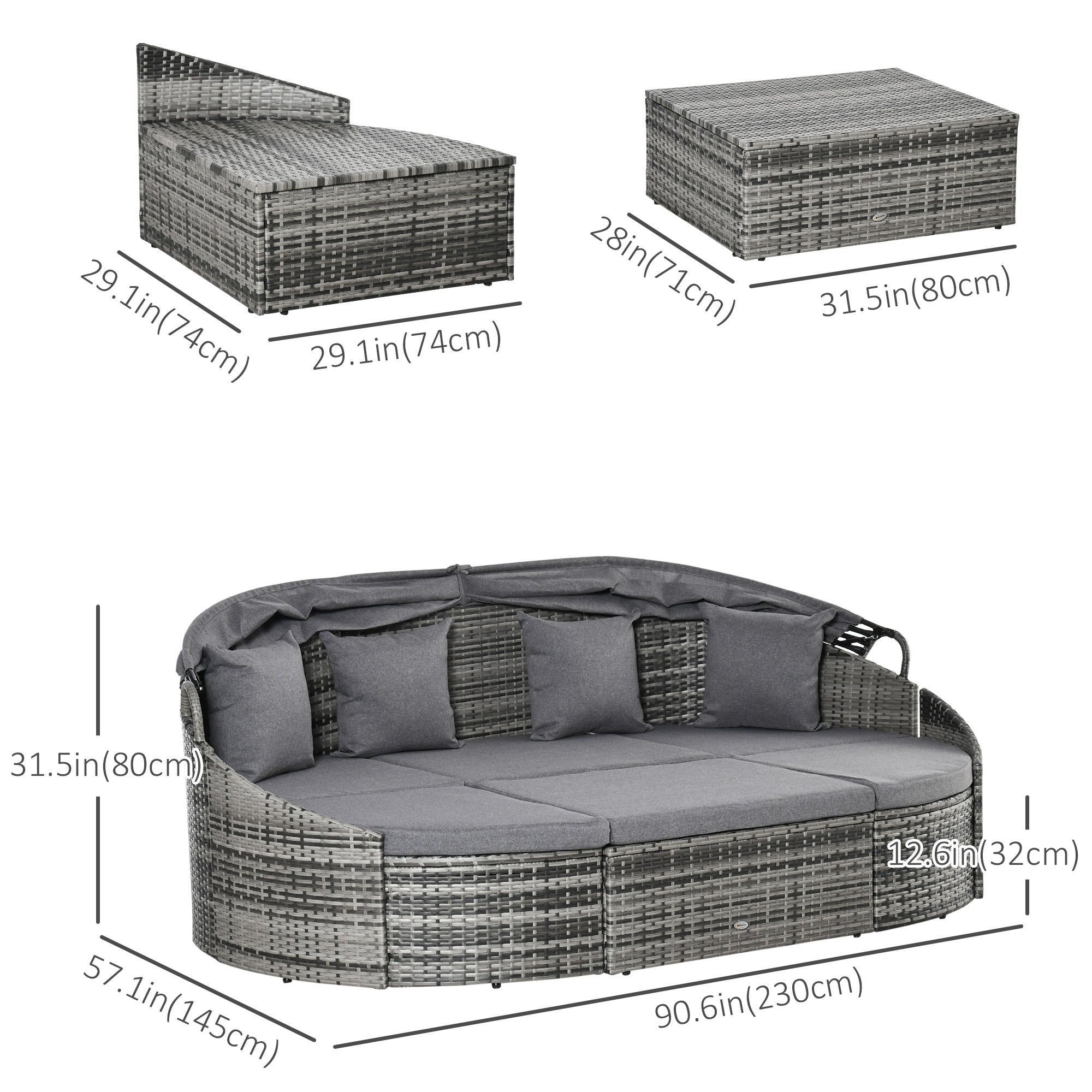 4 Pieces Patio PE Wicker Round Daybed, Outdoor Rattan Garden Lounge Furniture Sets, Grey