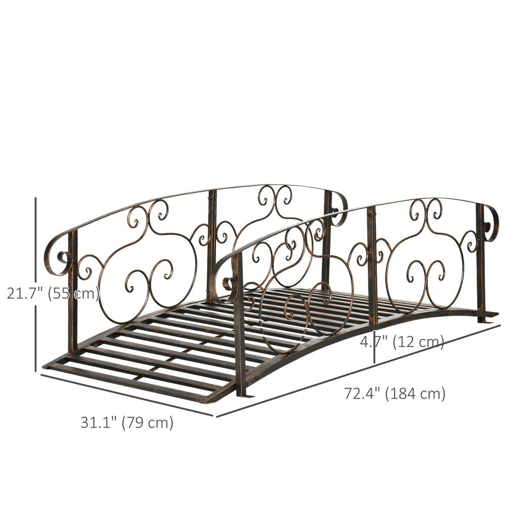 6FT Steel Garden Bridge with Safety Siderails, Decorative Arc Landscaping Bridge for Backyard Creek Stream Pond, Brown