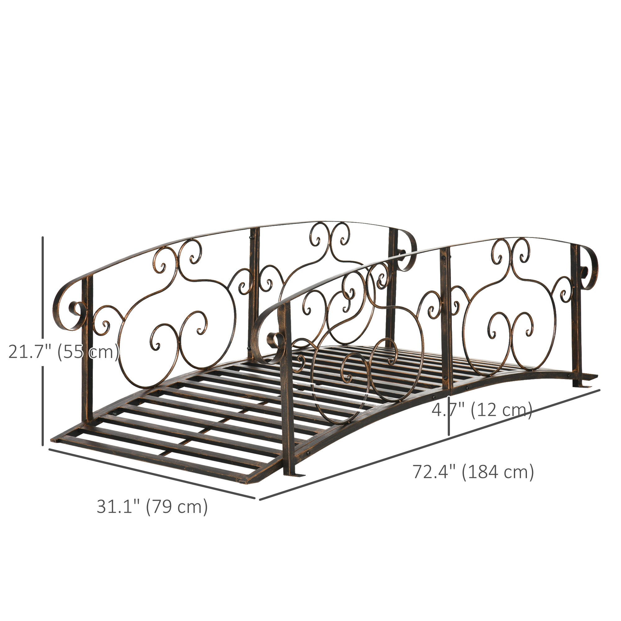 6FT Steel Garden Bridge with Safety Siderails, Decorative Arc Landscaping Bridge for Backyard Creek Stream Pond, Brown