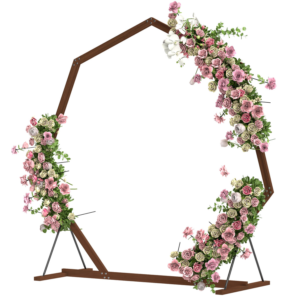 7FT Heptagon Wooden Wedding Arch with Triangular Base, Ground Stakes for Ceremony, Garden, Birthday, Brown