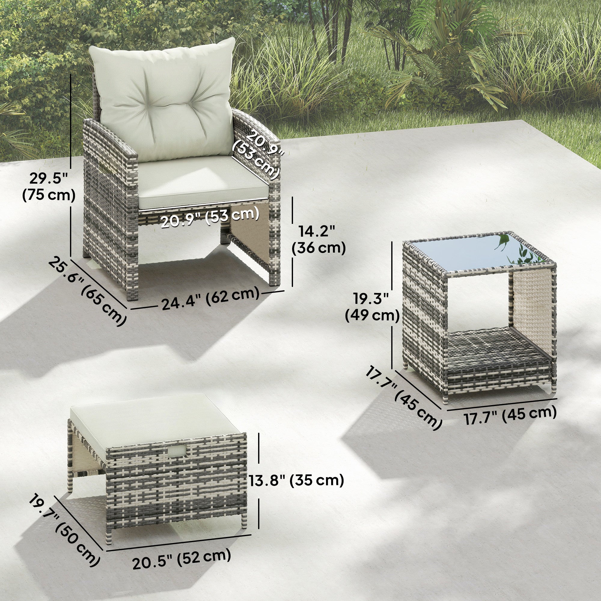 5 Piece Patio Furniture Set, Wicker Patio Chairs with Ottomans, 2-Tier Glass Coffee Table and Cushions, Grey/Cream White