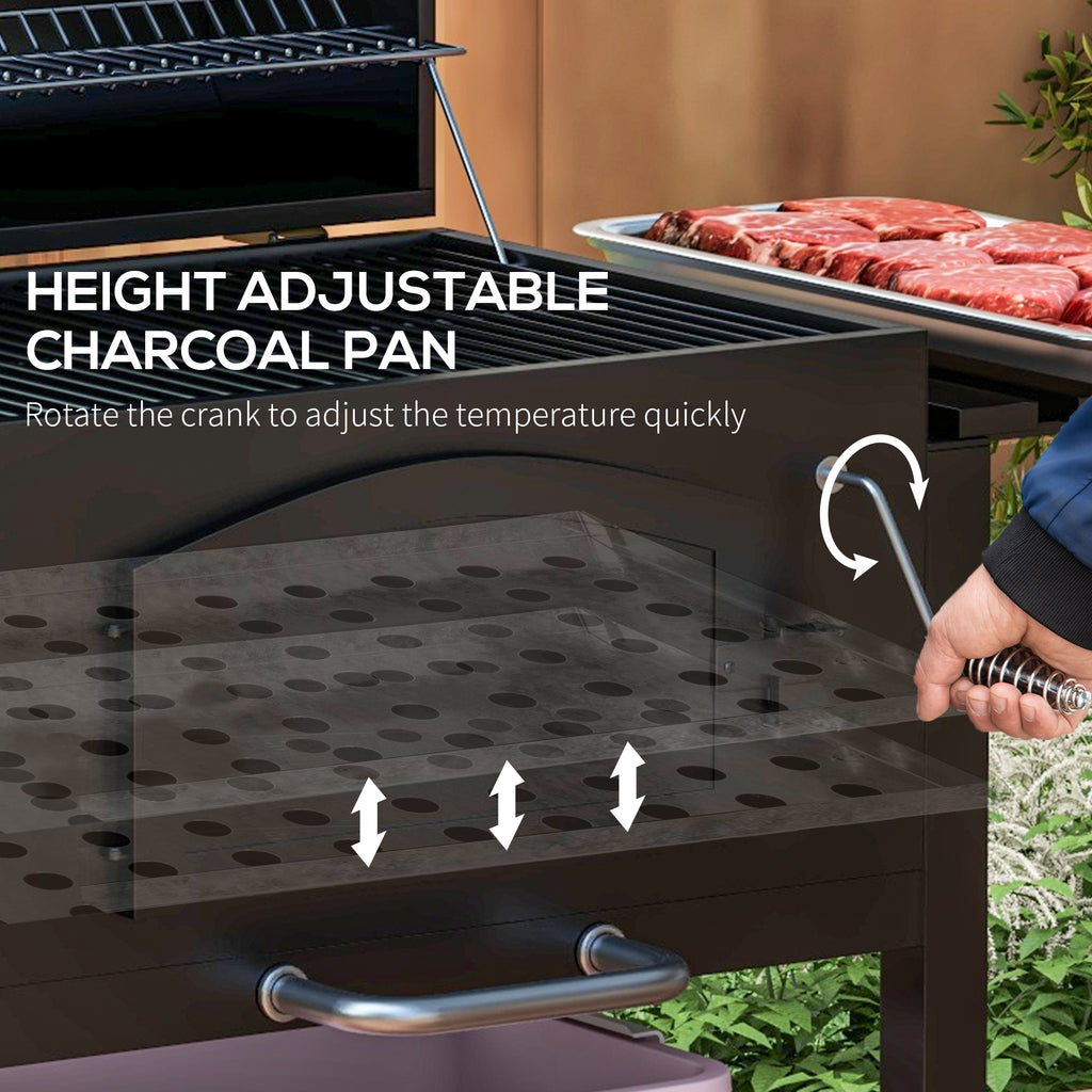 Charcoal Smoker Adjustable Height, Folding Shelves, Thermometer, and Wheels, Black