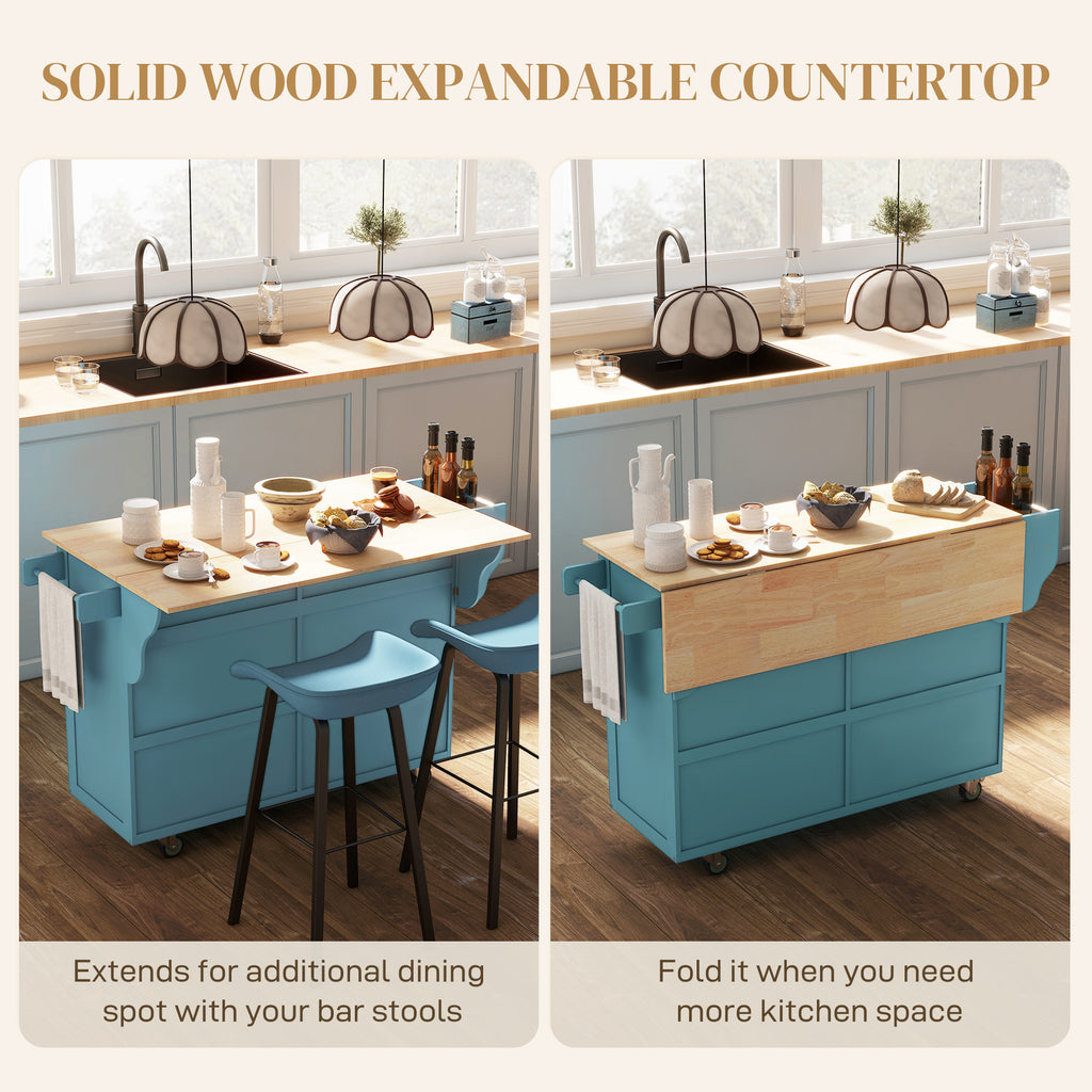 Kitchen Island with Storage, Rolling Kitchen Island with Drop Leaf, Rubber Wood Top and Adjustable Shelves, Light Blue