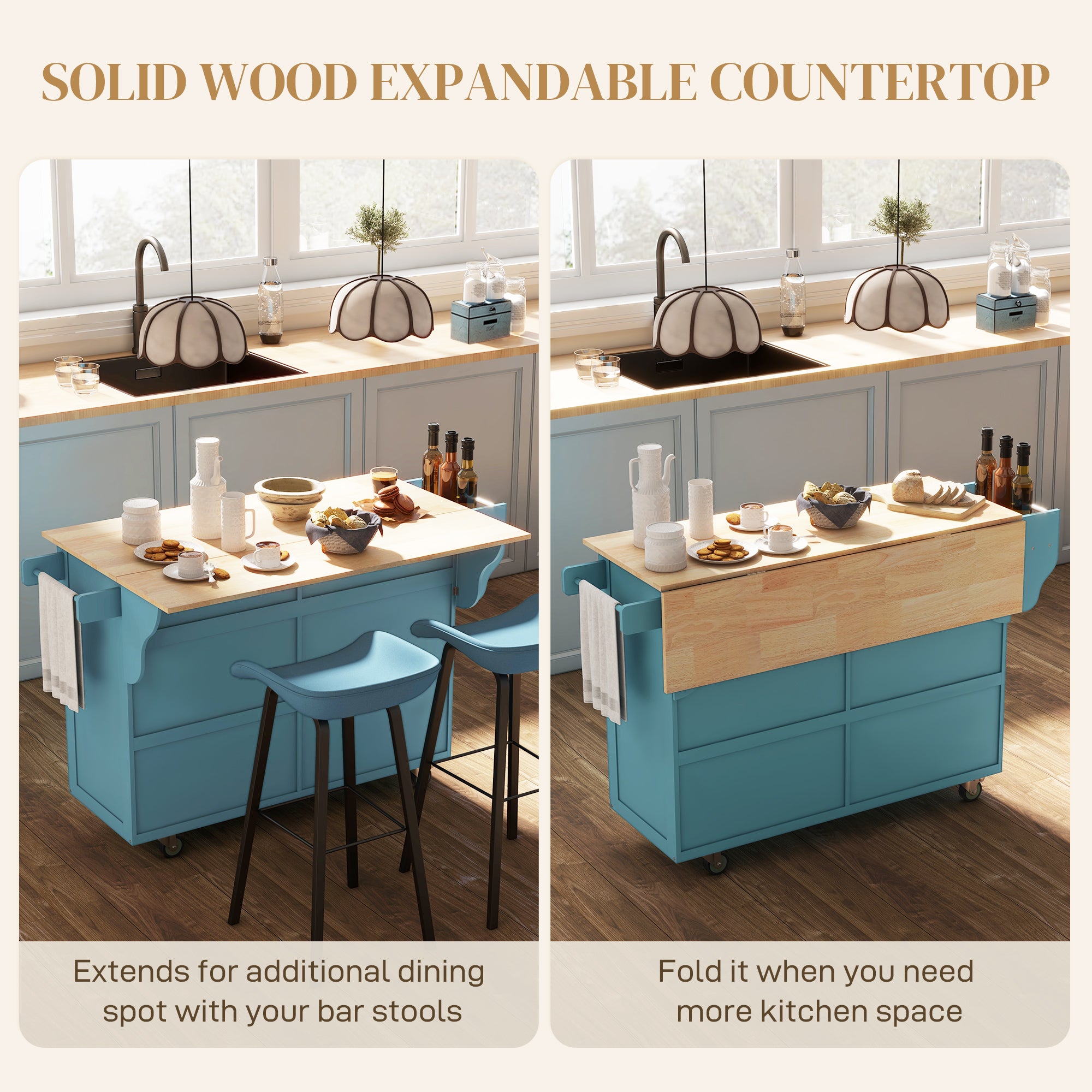 Kitchen Island with Storage, Rolling Kitchen Island with Drop Leaf, Rubber Wood Top and Adjustable Shelves, Light Blue