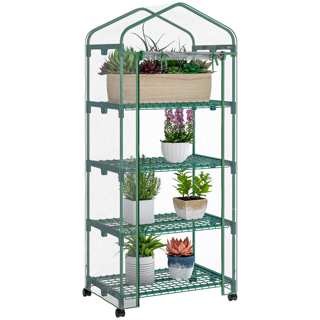 27" x 20" x 65" Portable Greenhouse with 4 Tier Shelves and Wheels, Outdoor Hot House Plant Flower Greenhouse, Steel Frame, Plastic Cover, Clear