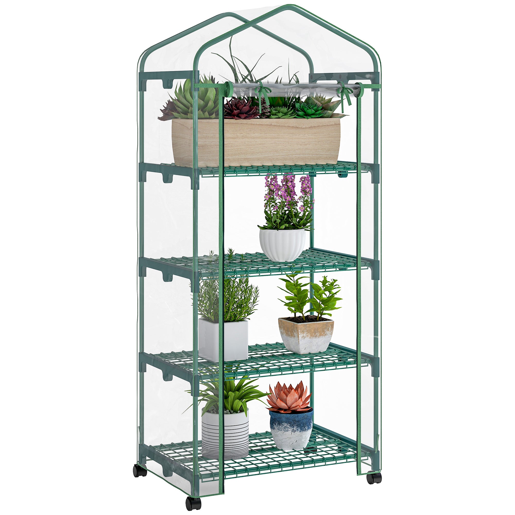 27" x 20" x 65" Portable Greenhouse with 4 Tier Shelves and Wheels, Outdoor Hot House Plant Flower Greenhouse, Steel Frame, Plastic Cover, Clear