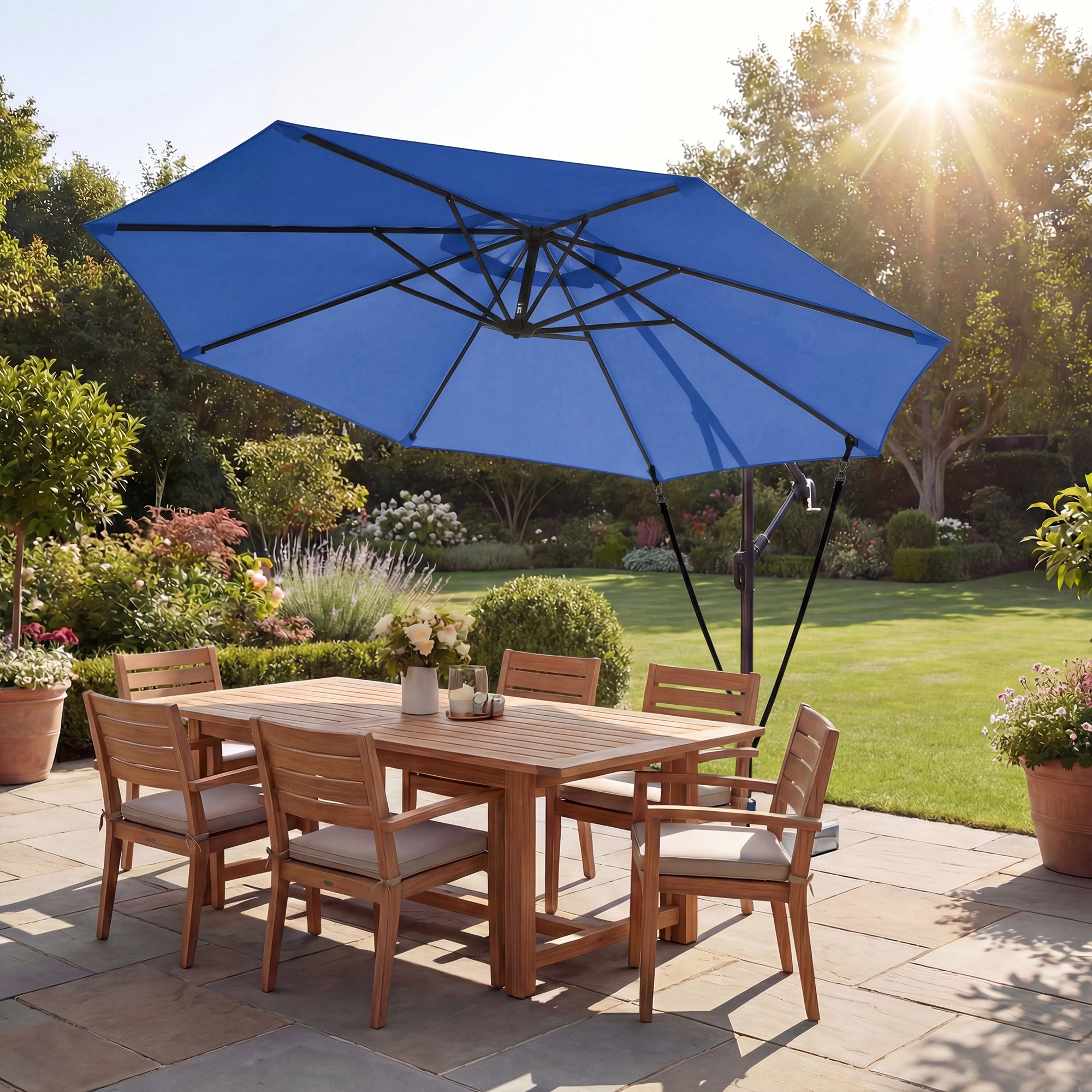 10FT Cantilever Patio Umbrella with 8 Ribs, Offset Patio Umbrella with Cover and Wind Ropes for Garden, Yard, Navy Blue