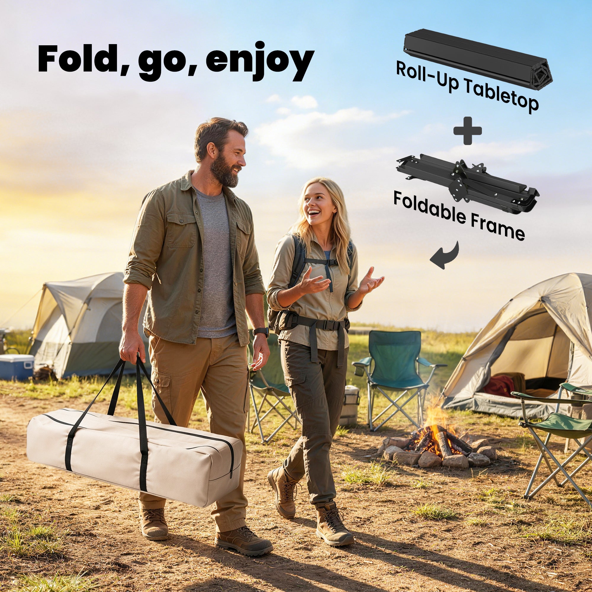 4ft Folding Camping Table, Waterproof Picnic Table with Roll Up Top, Carry Bag and Metal Frame, Black