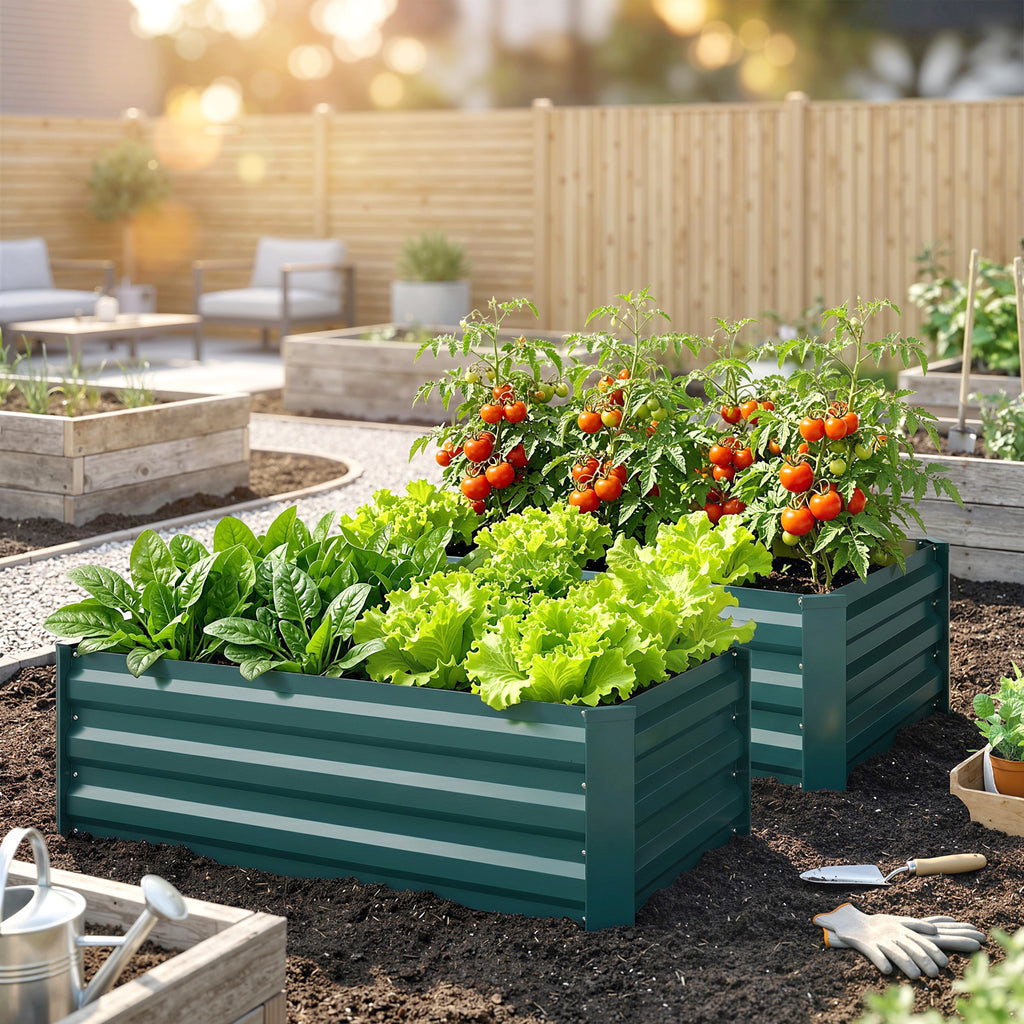 Set of 2 Galvanized Raised Beds for Garden, Outdoor Planter Box for Flowers, Herbs and Vegetables, Green
