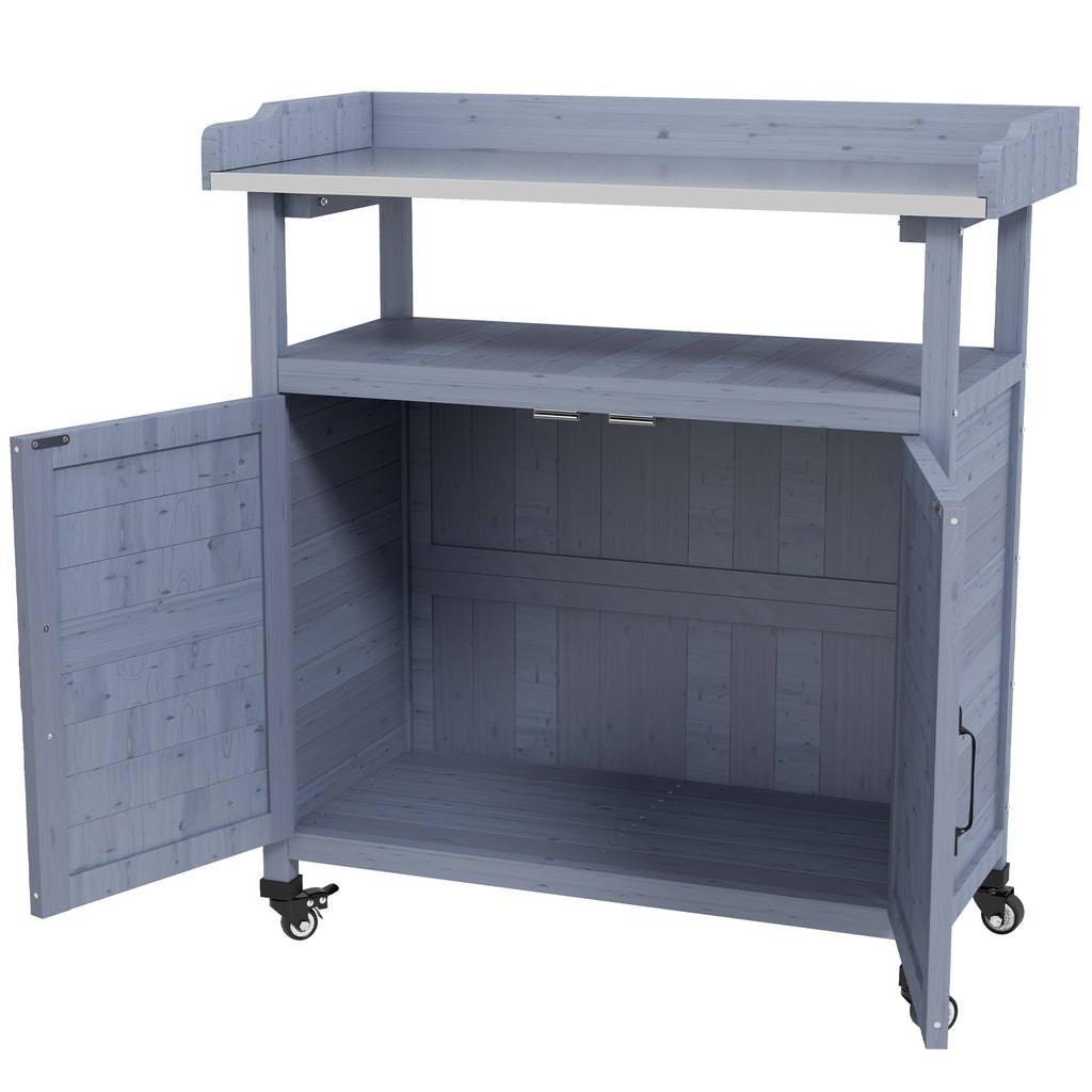 Outdoor Wooden Potting Bench with Storage Cabinet, Aluminum Tabletop, Rubber Wheels for Backyard, Patio, Balcony, Grey