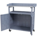 Outdoor Wooden Potting Bench with Storage Cabinet, Aluminum Tabletop, Rubber Wheels for Backyard, Patio, Balcony, Grey
