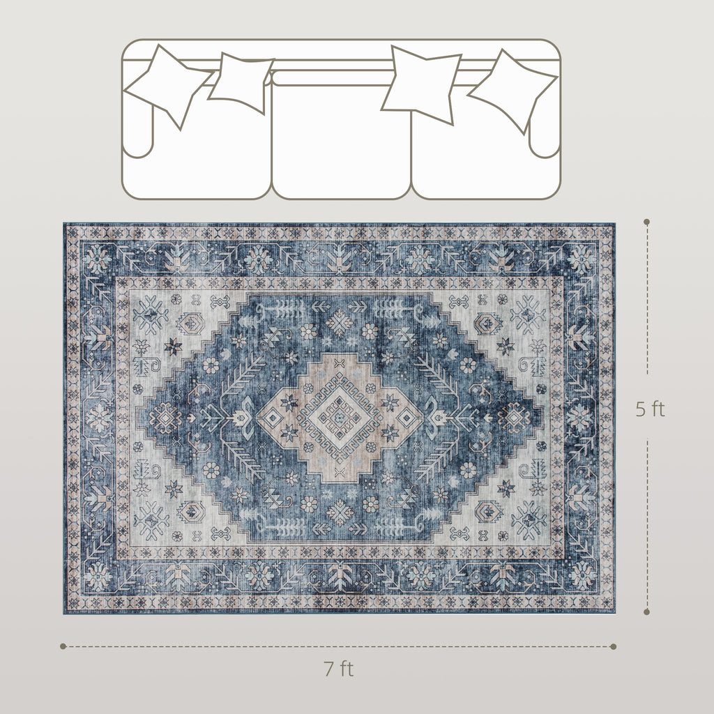 5x7 Area Rug, Vintage Machine Washable Rug, Non-Slip Floor Carpet for Living Room, Bedroom, Dining Room, Blue