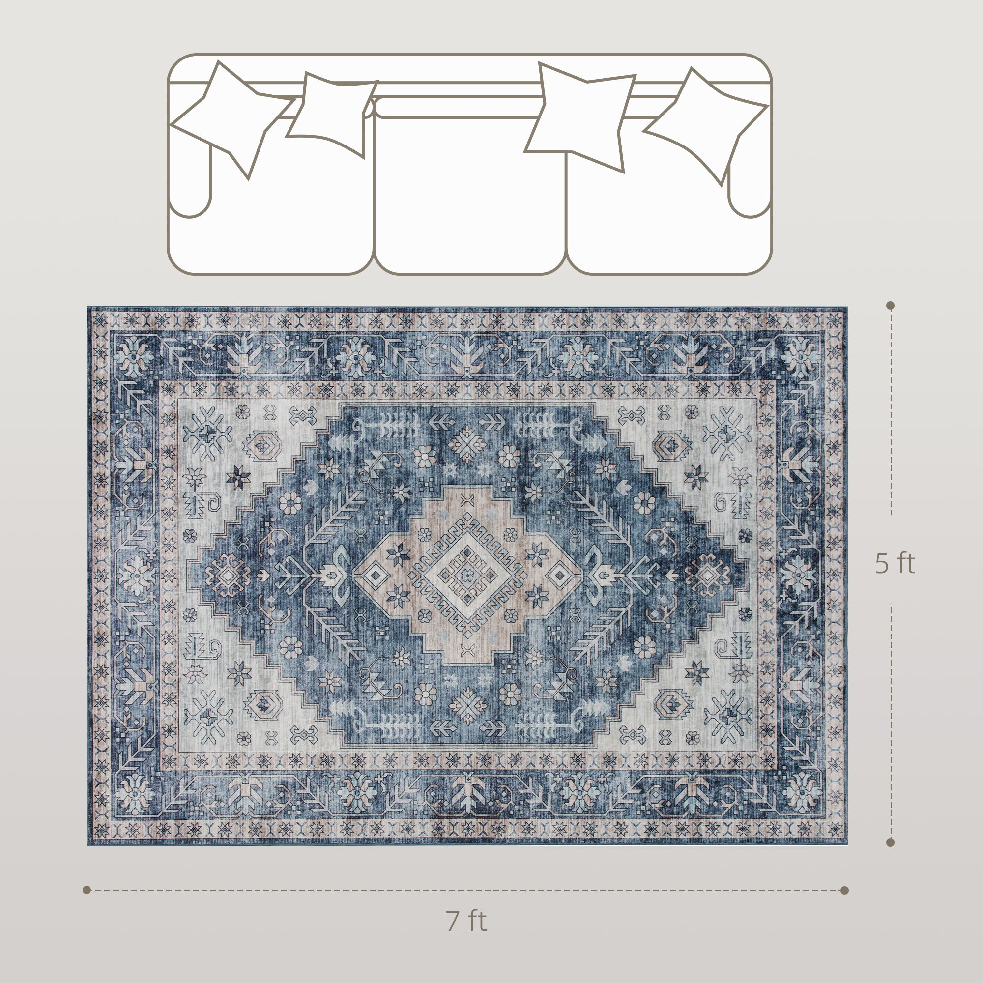 5x7 Area Rug, Vintage Machine Washable Rug, Non-Slip Floor Carpet for Living Room, Bedroom, Dining Room, Blue