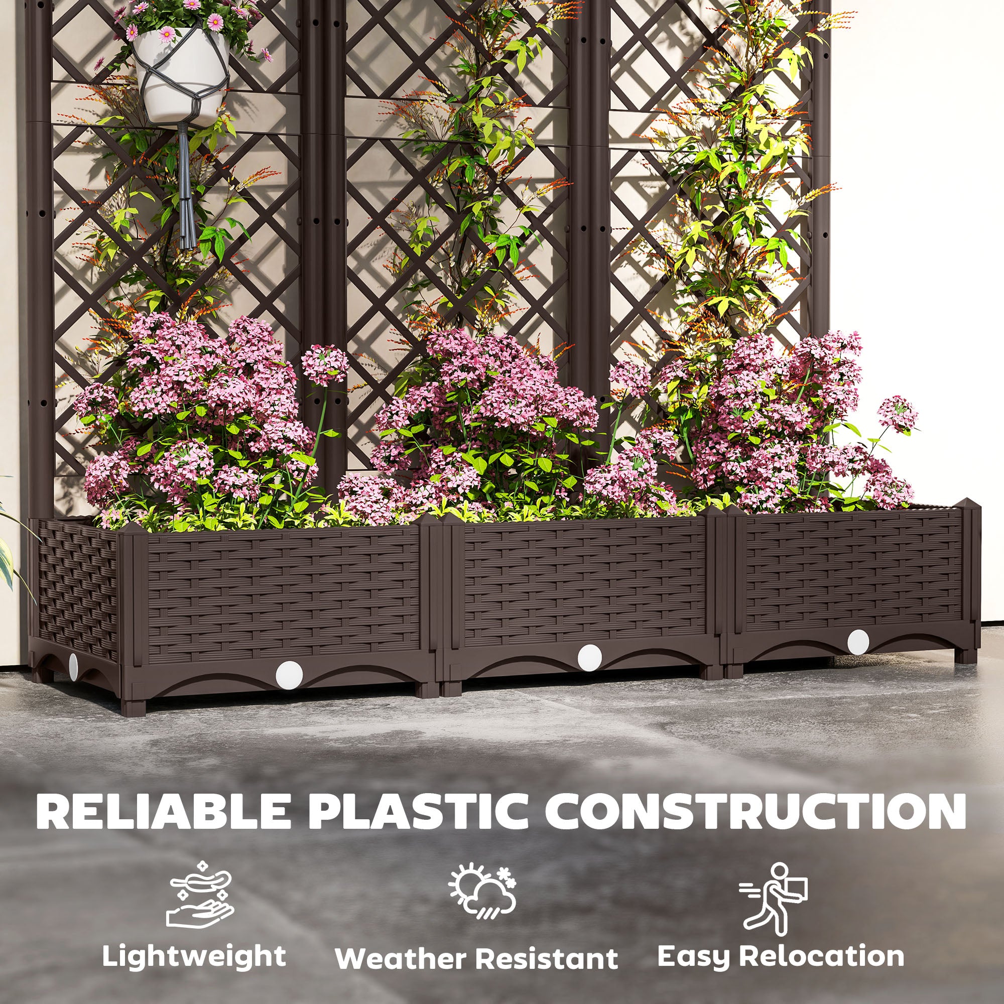 Raised Garden Bed with Trellis, PE Rattan Flower Bed with Drainage Holes and Drain Plugs, 47" x 16" x 48"