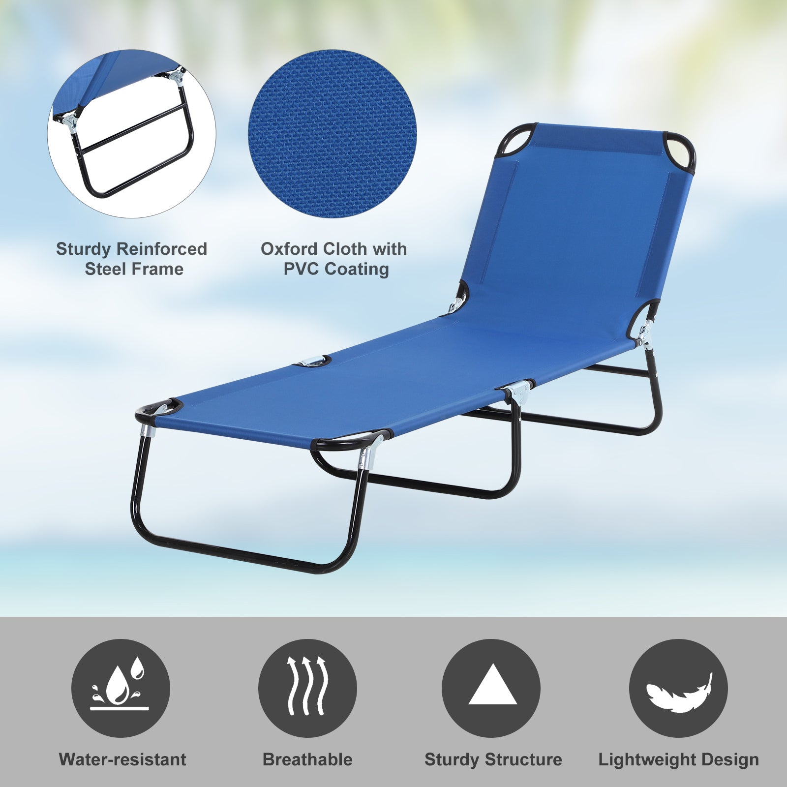 Outdoor Folding Lounge Chair, Steel Tanning Chair with Reclining Back, Breathable Mesh for Beach, Yard, Patio, Blue
