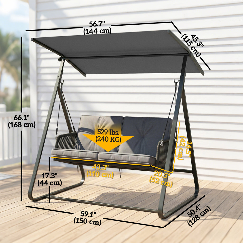 2-Person Outdoor Patio Porch Swing with Adjustable Canopy, Rattan Hanging Swing Bench with Soft Cushions