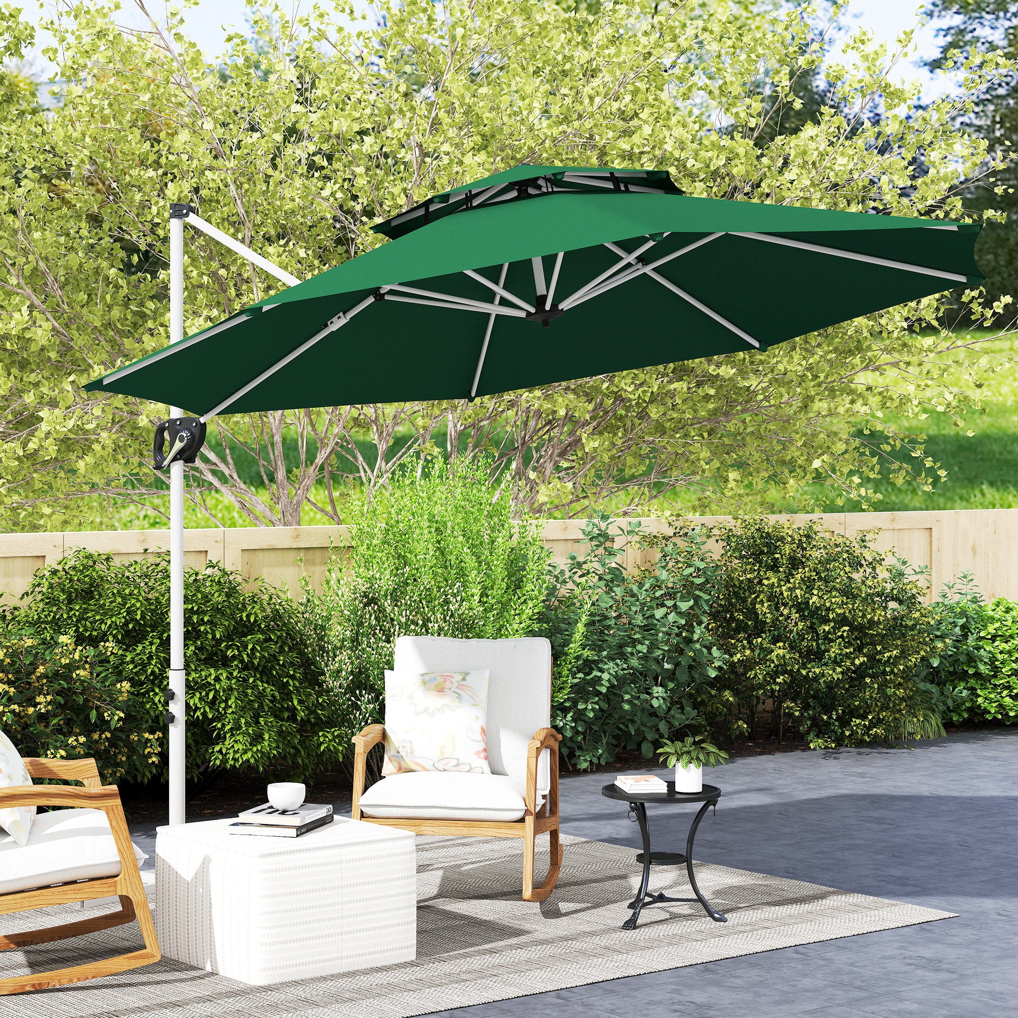 10 FT Cantilever Patio Umbrella with 360Â° Rotation & Adjustable Height, Cross Base, Crank and Tilt, Dark Green