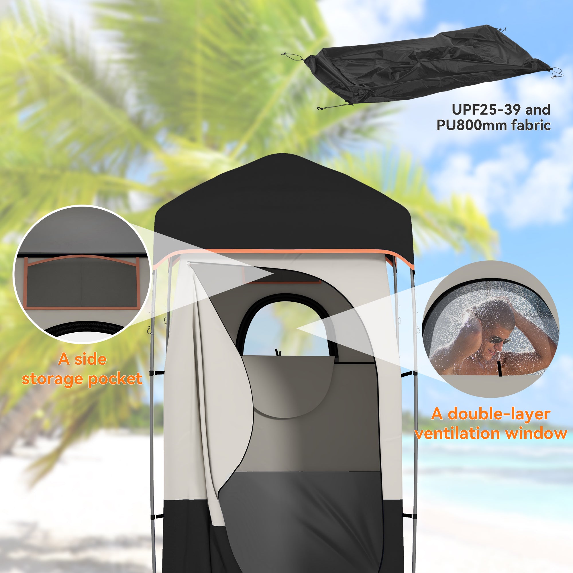 Camping Shower Tent, Portable Privacy Shelter with Solar Shower Bag, Removable Floor and Carrying Bag, Black