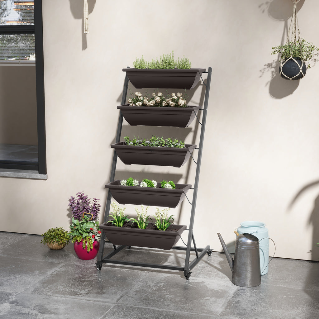 5-Tier Vertical Raised Garden Planter with 5 Boxes, Wheels, Outdoor Plant Stand for Vegetable Flowers, Brown