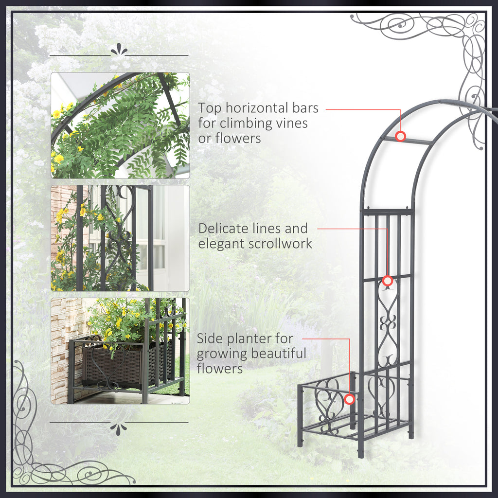 7FT Metal Garden Arch with 2 Planter Boxes, Decorative Outdoor Walkway Arbor for Climbing Vine Plants for Patio Backyard Lawn Party Ceremony, Dark Grey