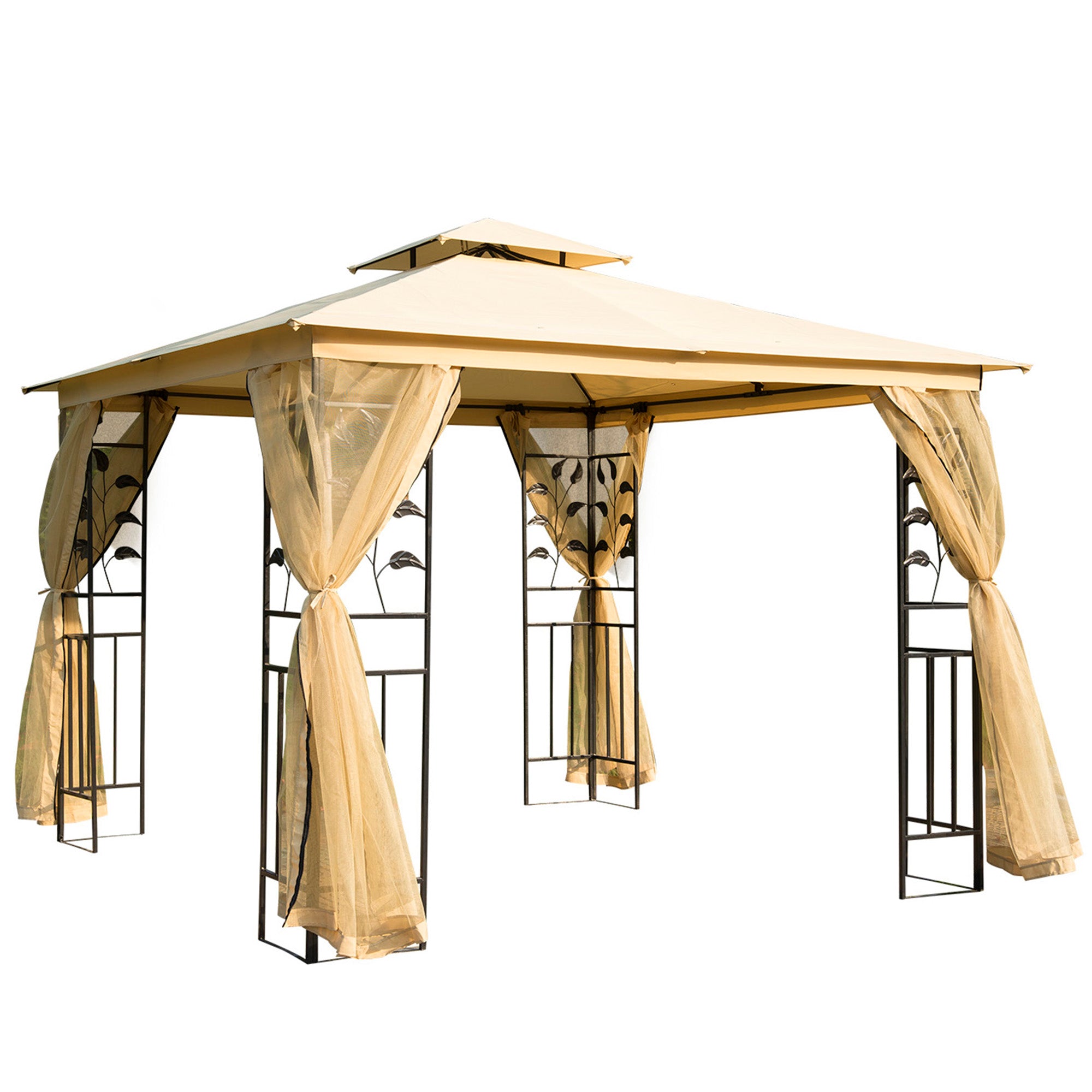 10'x10' Soft-top Steel Patio Gazebo Outdoor Sun Shelter with 2-Tier Polyester Roof, Curtain Sidewalls, Beige