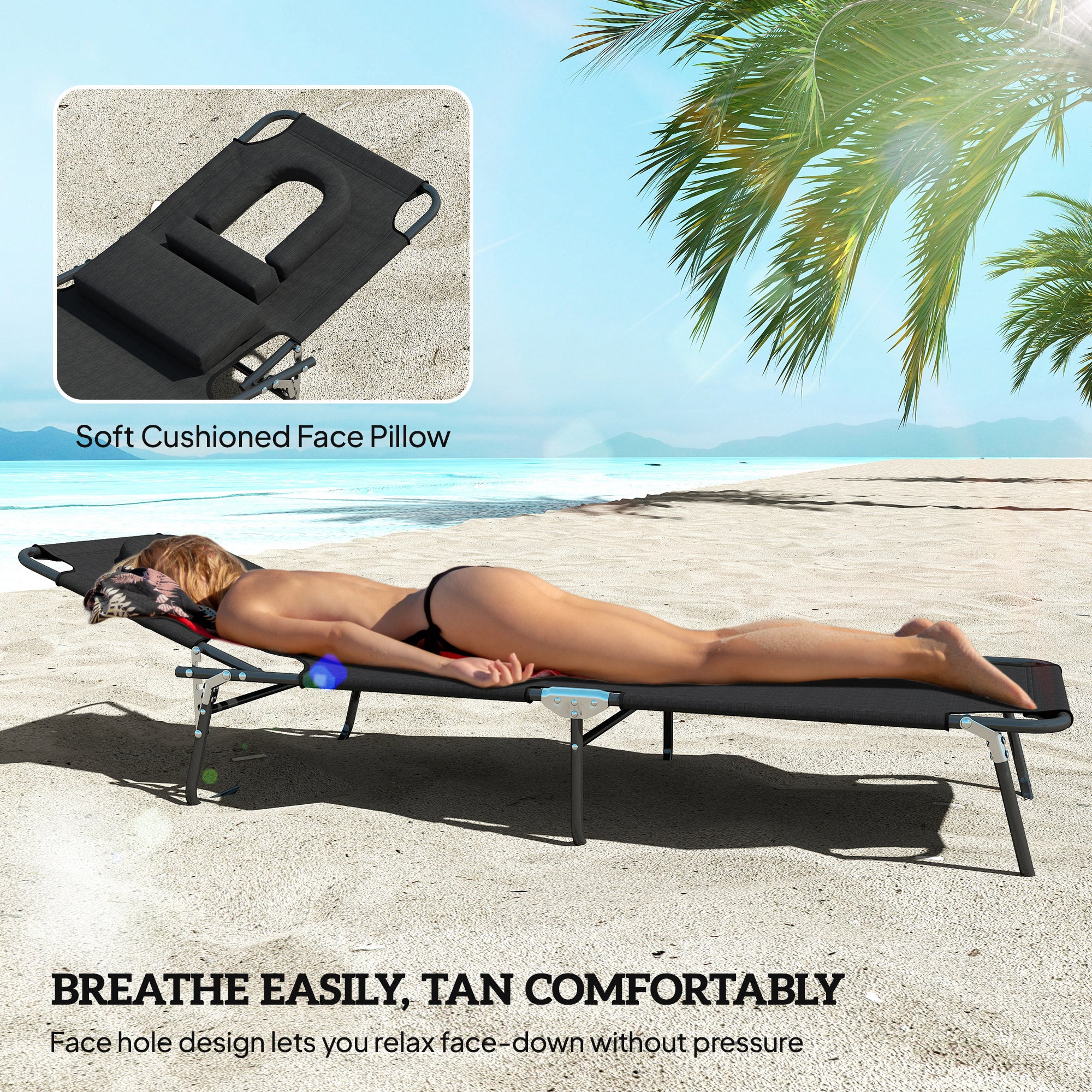 Folding Lounge Chair Set of 2, Reclining Beach Tanning Chair with Face Hole, Pillow, 4-Position Adjustable Flat Sun Lounger, Steel Frame for Outdoor Patio Pool, Black