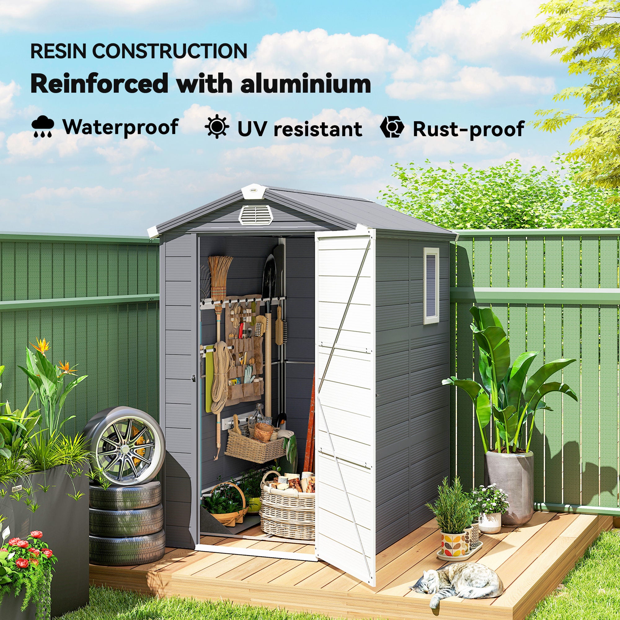 4.5' x 6' Plastic Garden Storage Shed with Latch Door, Vents, Sloped Roof, Dark Grey