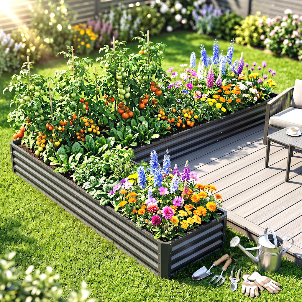 L-Shaped Raised Garden Bed, 82" x 109" x 12" Galvanized Steel Planter Box with Multi-reinforced Rods for Vegetables, Flowers and Herbs, Dark Grey