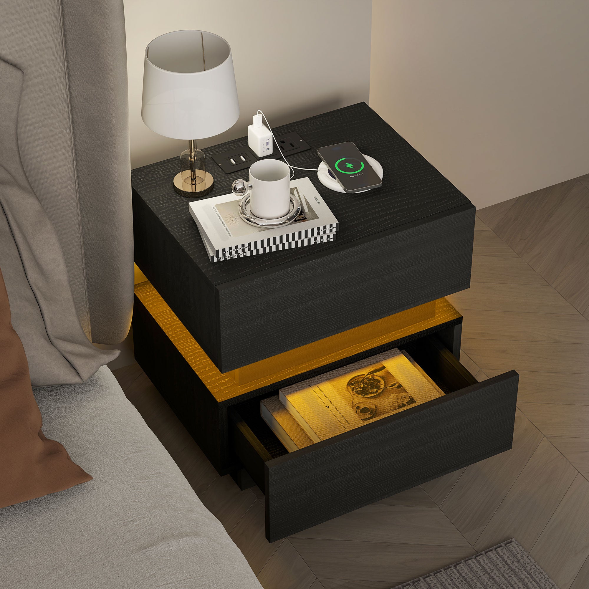 Bedside Table with Charging Station and LED Light Modern Nightstand with USB Ports AC Outlets Drawers Remote, Black