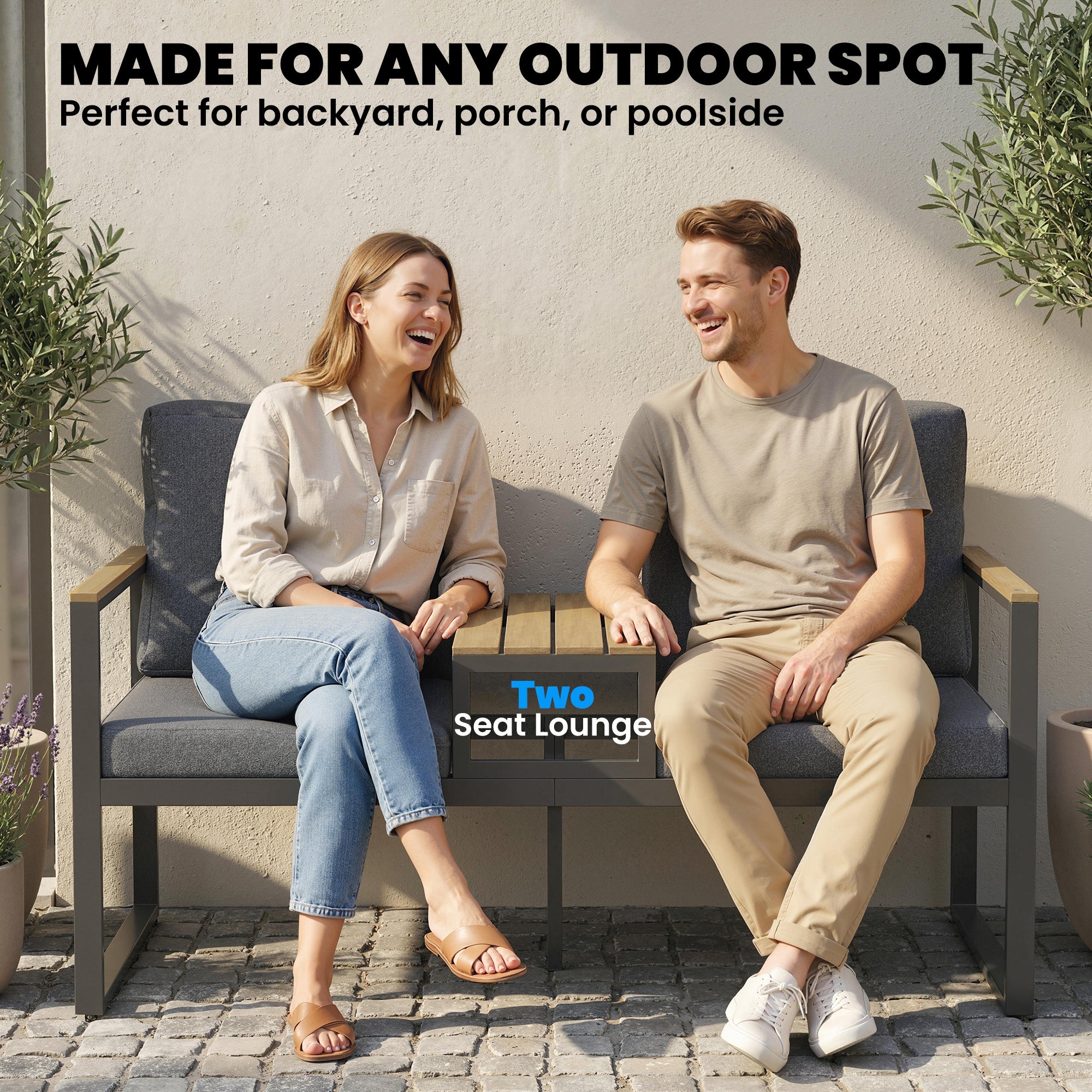 Outdoor Garden Bench with Integrated Table, 2 Seater Patio Loveseat with Thick Cushions, 136 cm Grey