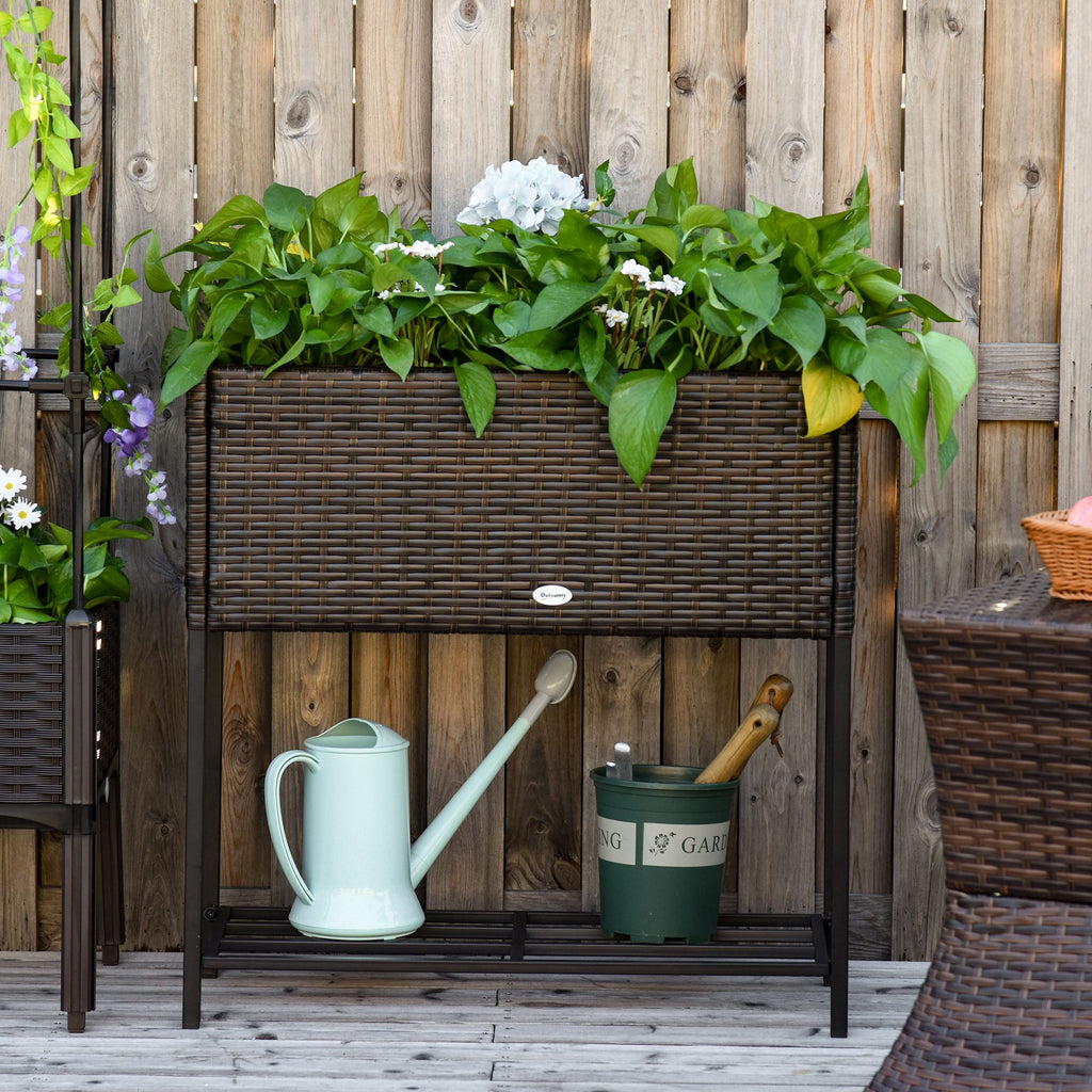 Rattan Raised Garden Boxes, Elevated Flower Beds with Storage Shelf for Herbs, Flowers, Vegetables, Brown