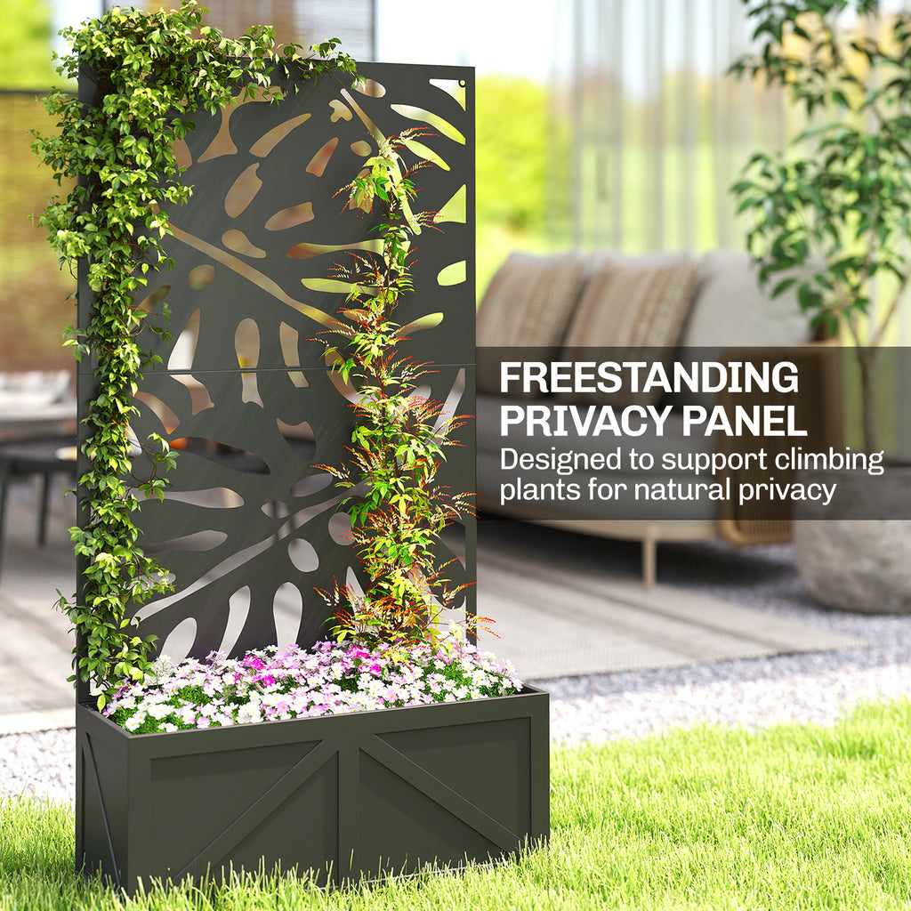 Metal Raised Garden Bed with Trellis for Climbing Plants, Freestanding or Wall Mounted Flower Bed with Privacy Panel
