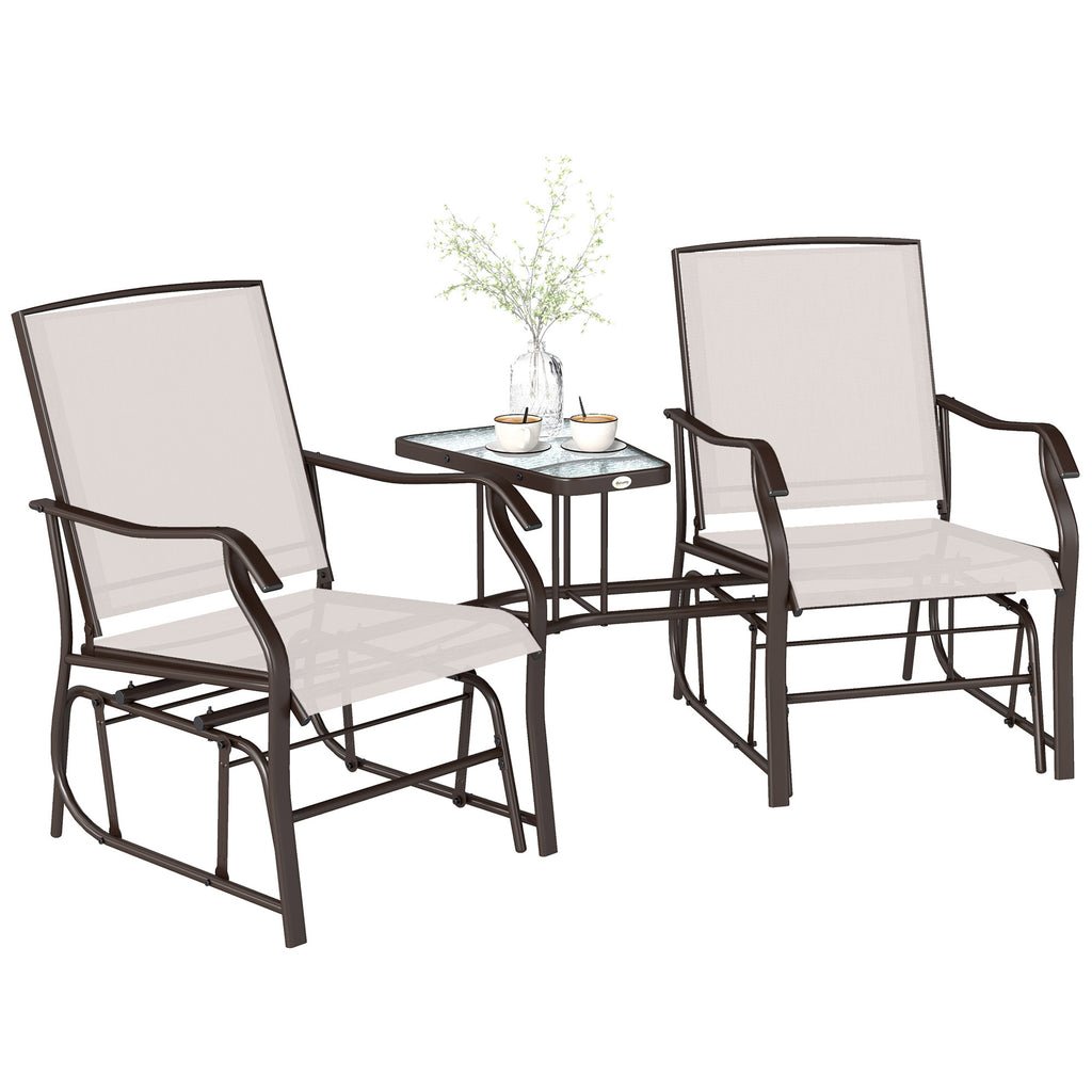 Double Patio Glider Chair with Glass Top Center Table, Outdoor Glider Loveseat with High Back,  All Weather Breathable Mesh Fabric for Garden, Backyard, Deck, Beige