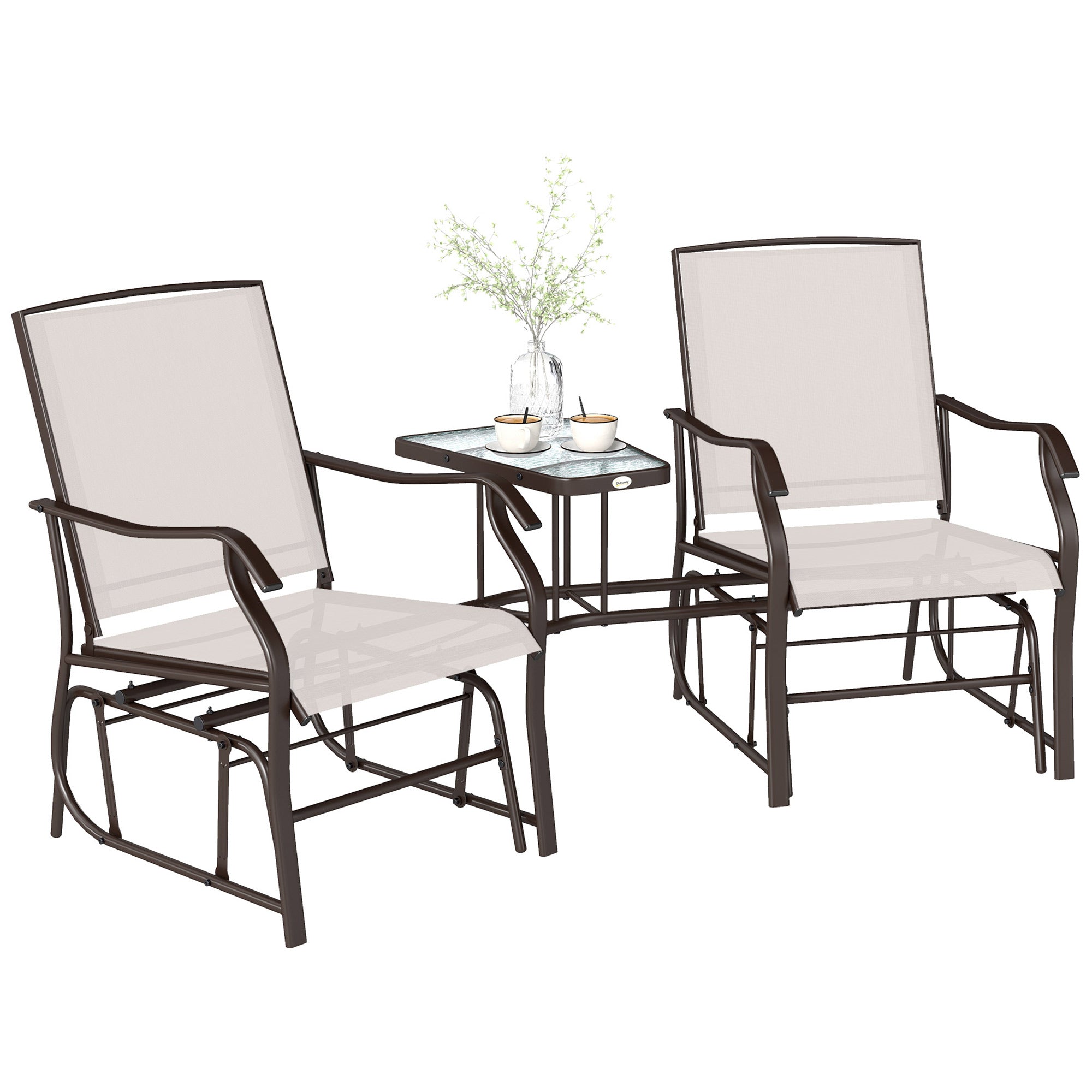 Double Patio Glider Chair with Glass Top Center Table, Outdoor Glider Loveseat with High Back,  All Weather Breathable Mesh Fabric for Garden, Backyard, Deck, Beige