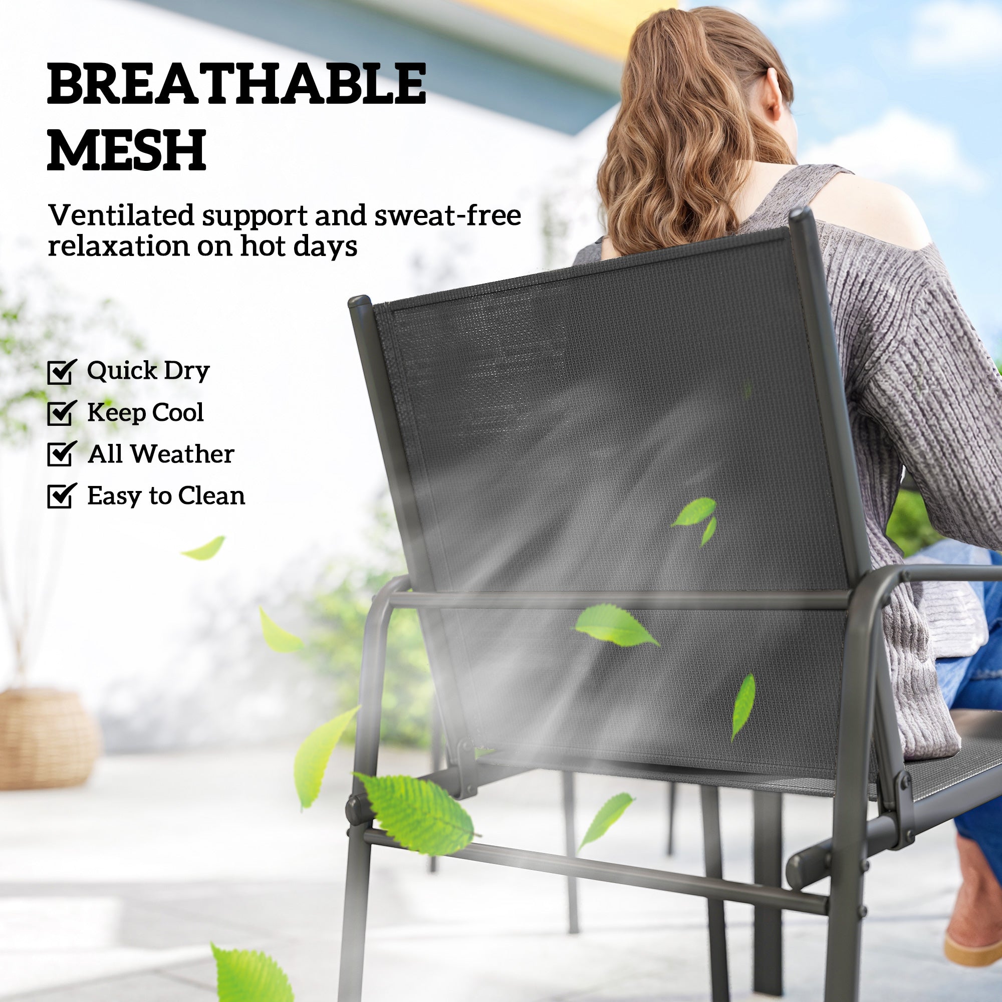 Outdoor Dining Set for 6, Faux Wood Patio Table and Chairs with Breathable Mesh Seat, Galvanized Steel Frame, Black